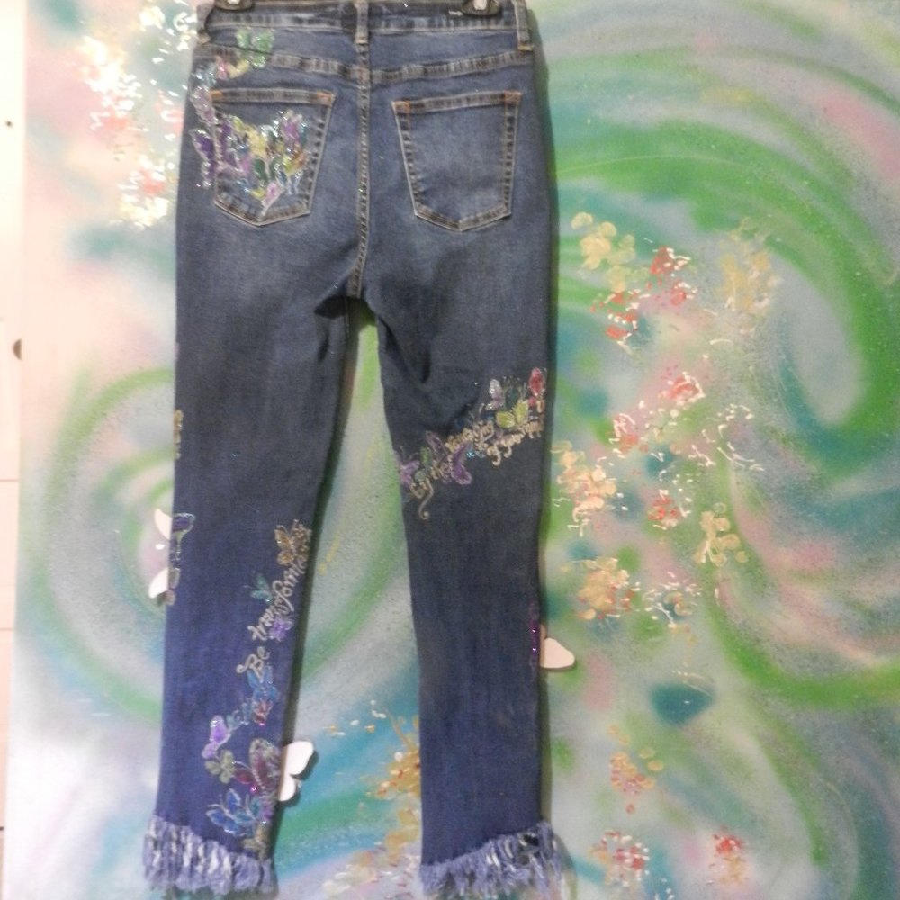 OOAK Metamorphosis butterfly statement jeans hand painted artisan denim SMALL - Picture 3 of 16